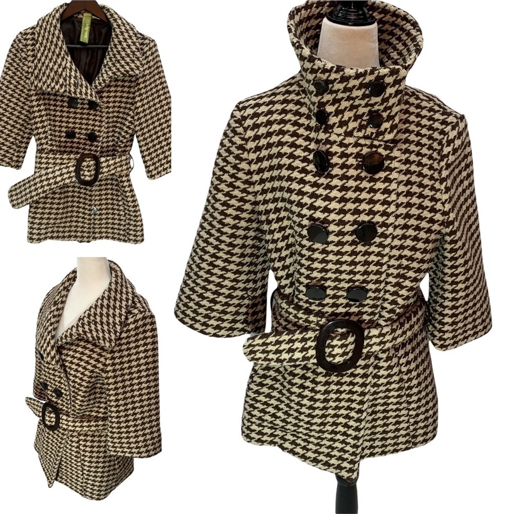 𝅺soia & Kyo Cream/Beige Houndstooth Wool Belted 3/4 Sleeve High Collar Co…